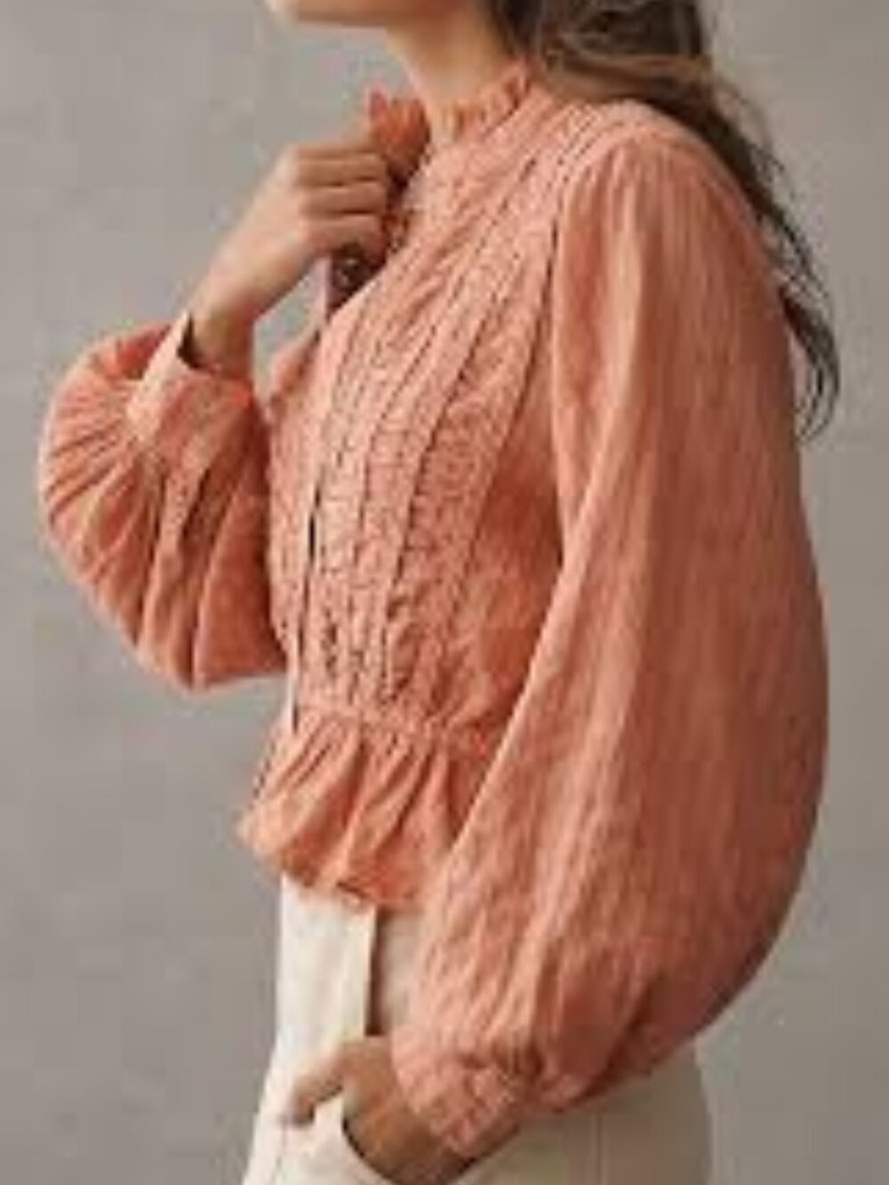Pilcro Anthropologie Cropped Embroidered Long Sleeve Blouse XXS Pink Coral